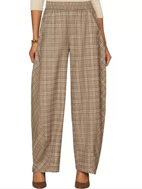 NWT Democracy Plaid Relaxed Straight Barrel Leg Pull-On Pants in Brown and Cream
